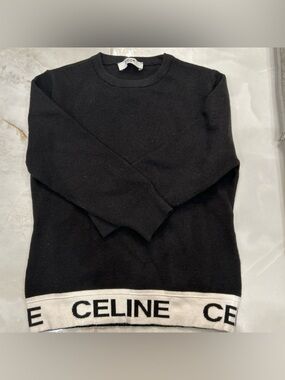 Celine Black Crewneck Sweater with White Logo Hem